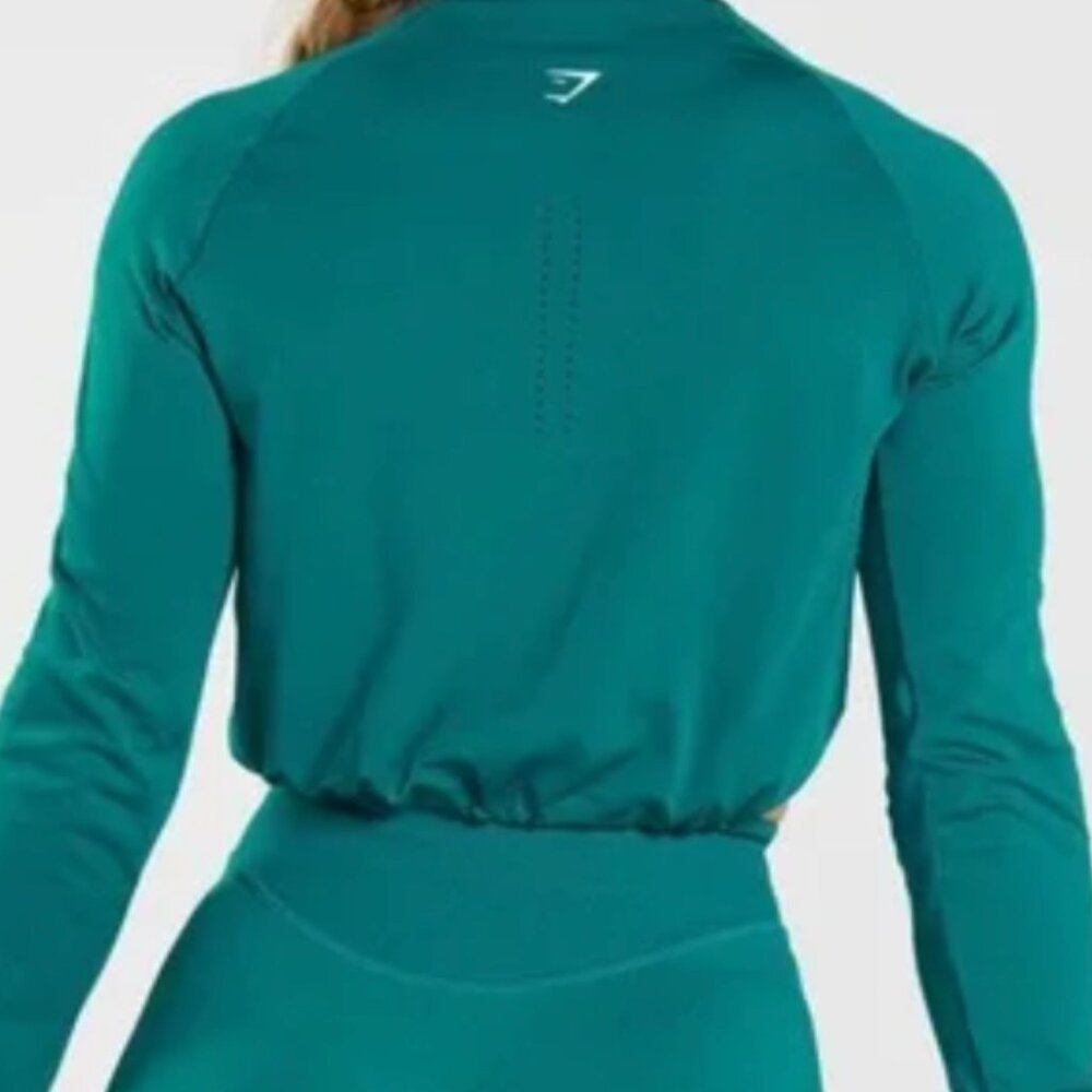 Gymshark Seamless Long Sleeve Cropped Top with Cinched Waist in Teal Green - XS